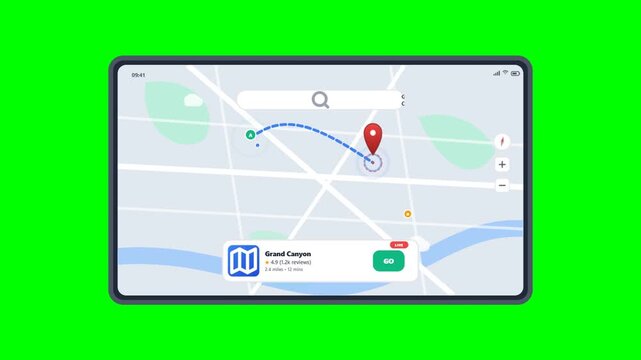 Tablet displaying digital navigation map with route and location pin