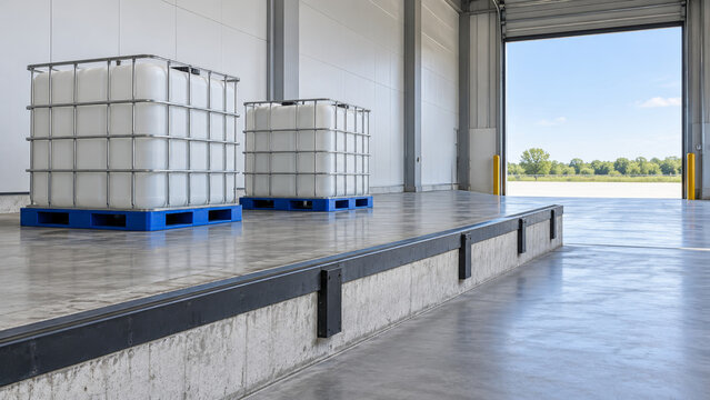 Expanded receiving dock with bulk container, industrial warehouse, loading platform, storage area, spacious interior, clean concrete floor,3d rendering