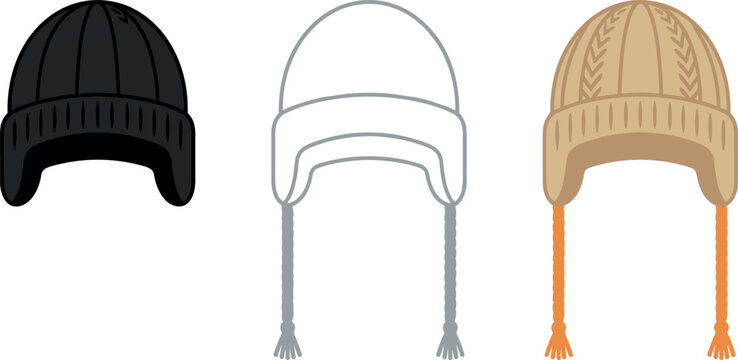 Winter earflap beanie hat icon set warm knitted trapper cap headwear collection vector illustration isolated on white background