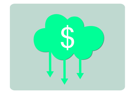 Cloud cost reduction icon, Bright green cloud with a white dollar symbol and three downward arrows on a dark green rounded background, showing falling prices or cloud cost savings.
