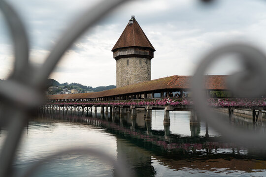The wooden Ponte della Cappella in Lucerne and a panoramic view of the tower