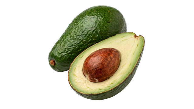 A fresh green avocado cut in half showing smooth pit isolated on transparent background