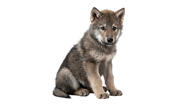 A young wild grey wolf cub sitting looking alert isolated on transparent background