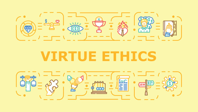 Virtue ethics banner infographic. Duty morality, habit excellence, temperance justice icon vector illustration