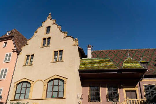 A close-up of the roofs and the typical half-timbered architecture of the houses in Colamr, Alsace "maison &agrave; colombages" or "Fachwerkhaus"