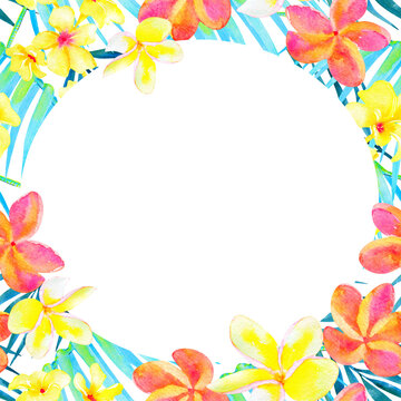 Tropical plumeria flowers and palm leaves watercolor design card. Summer floral frame. Natural hand drawn nature background