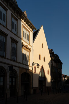 A close-up of the roofs and the typical half-timbered architecture of the houses in Colamr, Alsace "maison &agrave; colombages" or "Fachwerkhaus"