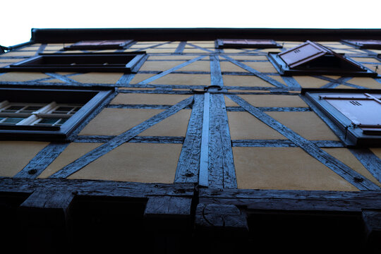 A close-up of the roofs and the typical half-timbered architecture of the houses in Colamr, Alsace "maison &agrave; colombages" or "Fachwerkhaus"