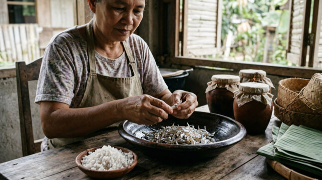 Woman preparing small fish with salt for traditional homemade preservation in a rustic tropical kitchen