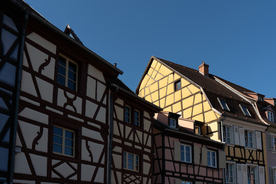 A close-up of the roofs and the typical half-timbered architecture of the houses in Colamr, Alsace "maison &agrave; colombages" or "Fachwerkhaus"