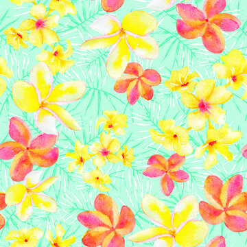Seamless background with tropical flowers. Cute plumeria print on teal green background. Watercolor floral pattern