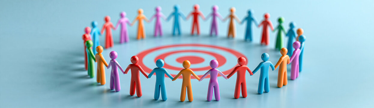 Colorful paper figures hold hands forming a circle around a red target symbol, representing unity, teamwork, and shared goals.