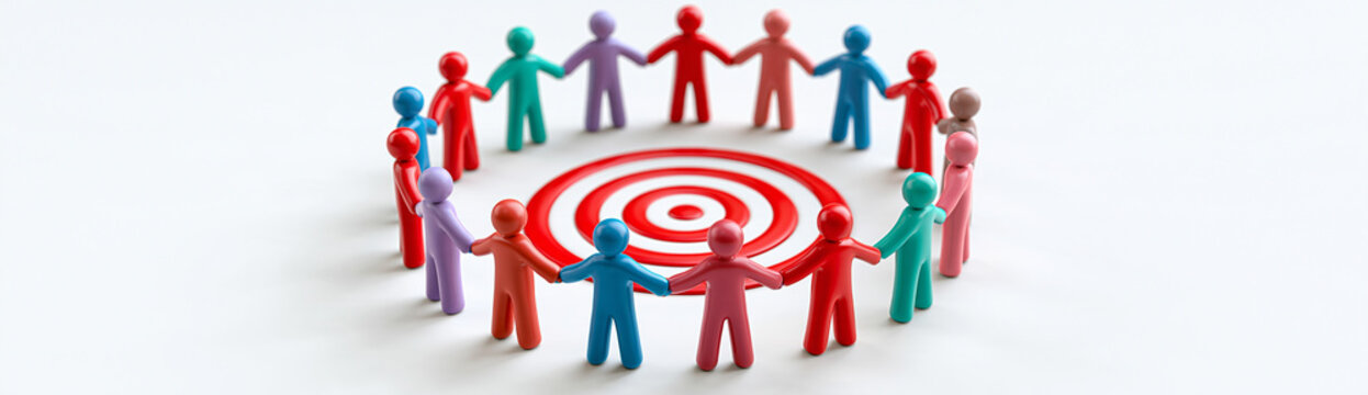 Colorful human figures holding hands in a circle surrounding a red and white target on a white background.