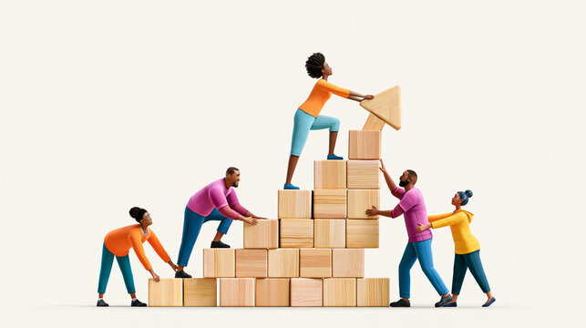 People collaboratively build a pyramid of wooden blocks, symbolizing teamwork, progress, and cooperation.
