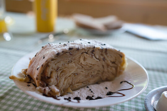 Close-up of the apples in the Apfelstrudel, a traditional dessert from Tyrol, Austria, and Vienna