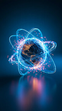 A glowing digital Earth surrounded by luminous atomic-like orbits and particles against a dark blue background.
