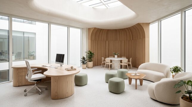 An organic-modern efficient business room layout featuring a sweeping kidney-shaped pale ash wood desk zone with a white ergonomic chair