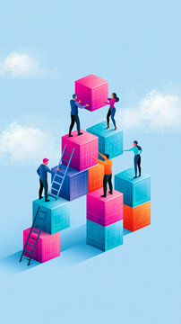 People collaboratively build a tower of colorful 3D blocks against a clear blue sky with soft clouds.