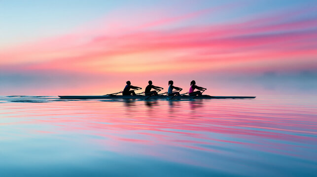 Four rowers paddle in sync on calm water during a vibrant pink and blue sunset, creating a serene and focused atmosphere.