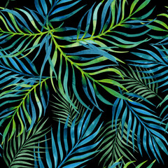 Tropical seamless pattern with palm leaves. Jungle foliage print. Watercolor palm branches on a black background. Natural hand drawn illustration © AineGing
