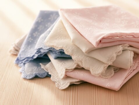 Folded cotton handkerchiefs with embroidered edges on a wooden table