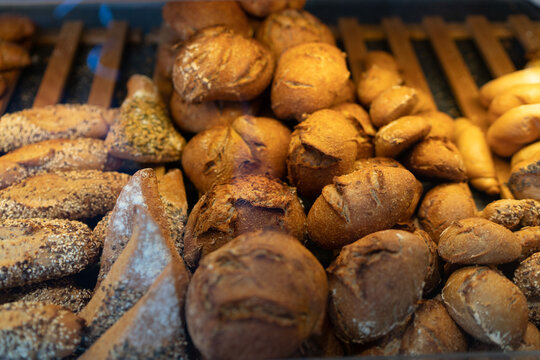 Traditional bread and rolls at a traditional Austrian bakery in Tyrol, Austria: Kaisersemmel, Mohnweckerl, Sesamweckerl, K&ouml;rnerweckerl, Roggenbr&ouml;tchen, K&ouml;rnerbr&ouml;tchen,  Bauernbr&ouml;tchen, Vinschger Paarl