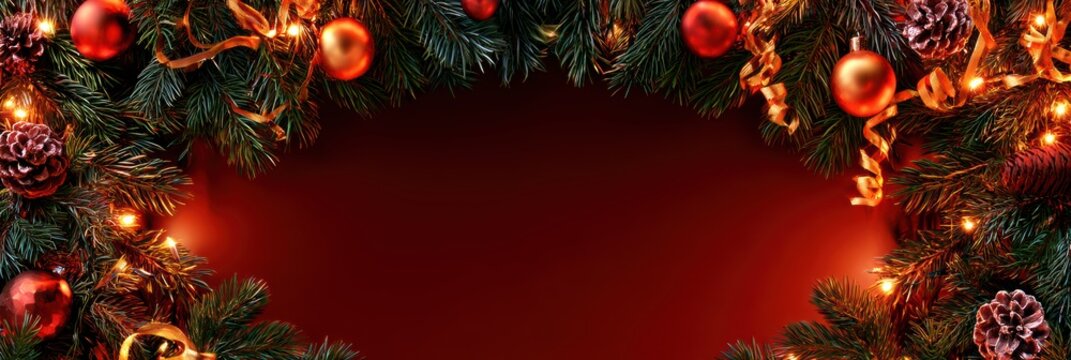 Christmas fir branches with ornaments framing center copy space on a red banner