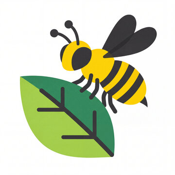 Bee character sits on a green leaf flat illustration