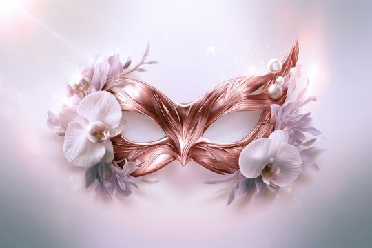 Rose gold masquerade mask with white orchids and pearl decorations
