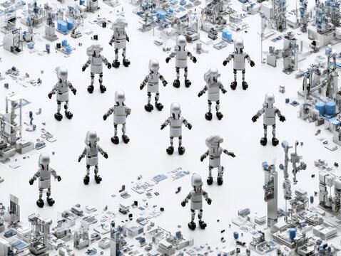 Robots move through a miniature electronics production floor