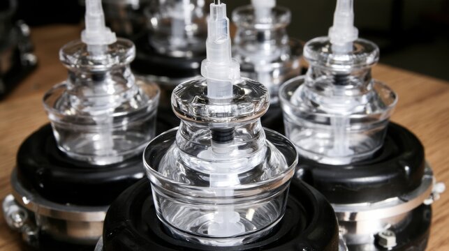 Syringe components move through a medical manufacturing line during production