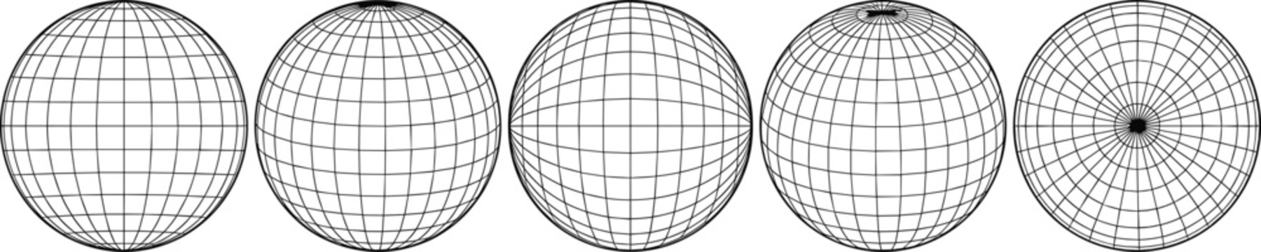 Wireframe Globe Vector Set, 3D Spherical Grid, Latitude and Longitude Lines, Geometric Earth Sphere, Global Network and Scientific Grid Illustration