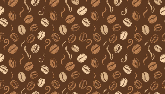 Seamless hand drawn coffee beans pattern on dark brown background