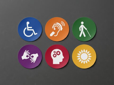 Accessibility Symbols Badges. Six colorful round badges with wheelchair hearing blind sign language brain and sunflower icons disability awareness and hidden disabilities concept