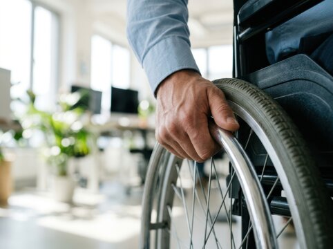 Wheelchair User Office. Close up of hand of person in wheelchair on wheel rim in modern office with computers and plants workplace inclusion concept