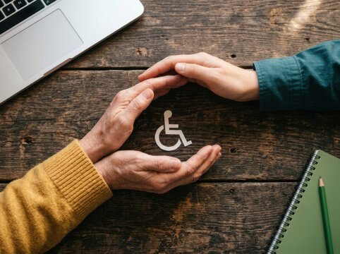 Care and Support Hands. Elderly and young hands forming heart shape around wheelchair symbol on wooden table with laptop charity donation and disability care concept