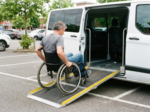 Accessible Van Transfer. Man in wheelchair using folding ramp to enter white accessible minivan in parking lot disabled transportation and mobility independence concept