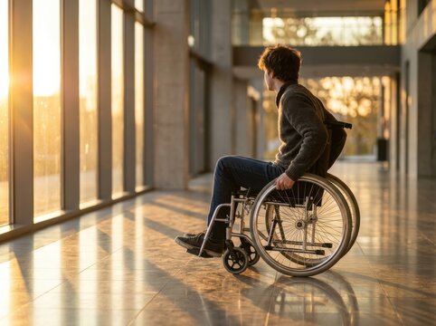Golden Light Independence. Young man in wheelchair sitting in golden sunlight in modern concrete corridor independence freedom and accessible architecture lifestyle concept