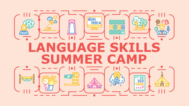 Language skills summer camp banner infographic. Bilingual learning, listening grammar, fluency practice icon vector illustration