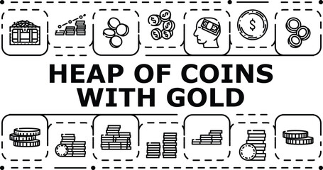 Heap of coins with gold banner infographic. Wealth coinspile, nugget glitter, shine hoard icon vector illustration © sevector