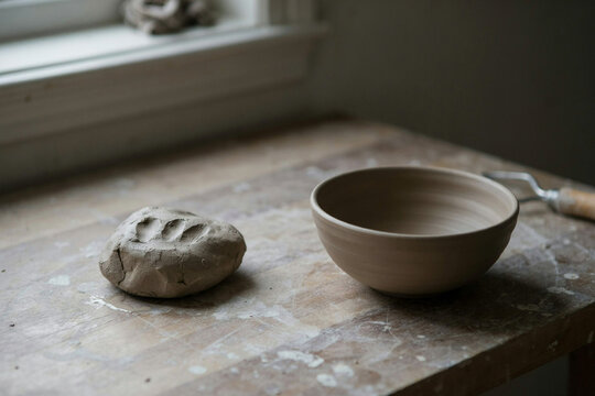 A lump of raw clay beside a finished thrown bowl