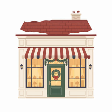Cozy Christmas bakery storefront with festive wreath and striped awning, flat vector illustration