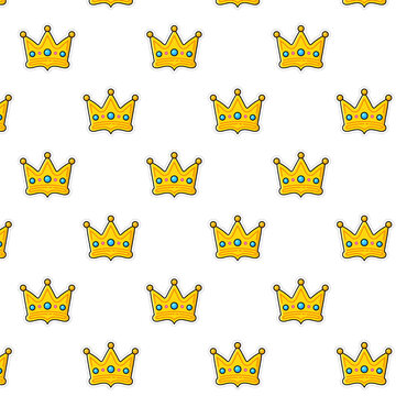 Cute Yellow Royal Crown Emoji Seamless Grid Pattern on White Background