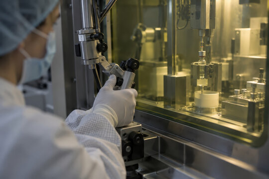 A lab worker wearing a mask, cap, and gloves handles a control beside a glass safety enclosure. Machinery and metal components are visible inside under warm lighting