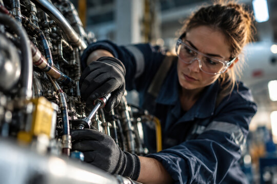 A technician wearing safety glasses and gloves uses a hand tool to make a precision adjustment among pipes and fittings during aircraft maintenance