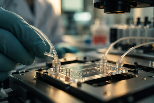 A gloved hand guides clear tubing into ports on a microfluidic chip beneath a microscope objective, with laboratory equipment visible in the background