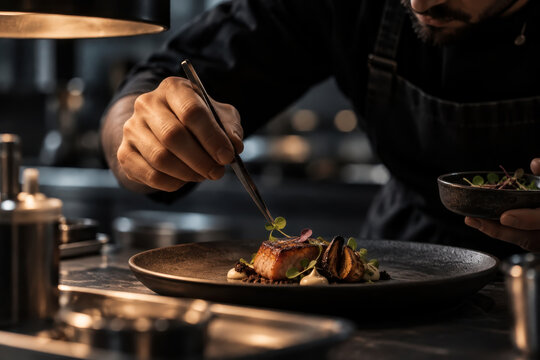 A chef uses tweezers to place a small green garnish on a cooked dish. A heat lamp and a bowl of herbs sit nearby at the kitchen counter