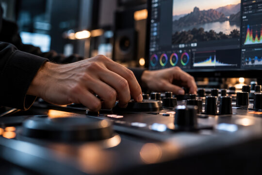 Hands operate knobs and sliders beside a monitor displaying color wheels, scopes, and a video preview as color correction takes place at a studio workstation