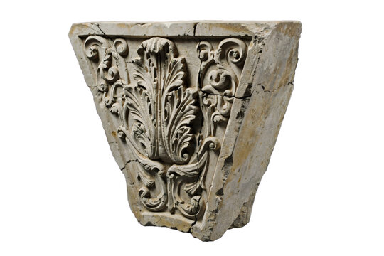 Antique stone architectural corbel with carved acanthus leaf ornament isolated on transparent background