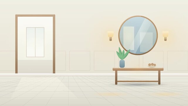 Minimalist interior design featuring a wooden console table with a decorative plant and a round mirror on a beige wall.
